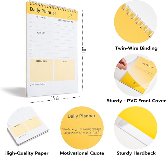 Daily Planner Notebook, To Do List Notepad, Spiral Notebook, Undated-52 Sheets-6.5" x 9.8" Checklist, Notebooks for Work, Personal Organizer Notepad, Daily Task Notebook (Yellow)