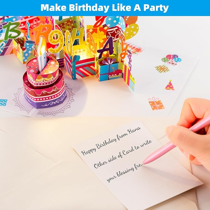 Gumry 90TH Musical Birthday PopUp Card, Blowable Colorful Light Candle 3D Cards with Song, Applause Cheers Sound, Greeting Cards Birthday Gifts Decorations for Women Men Turning 90 Years Old
