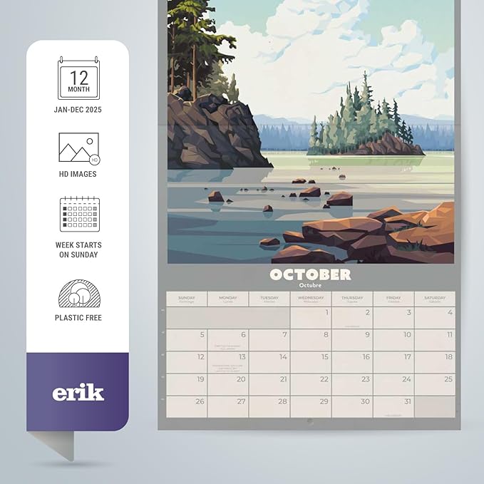 USA National Parks Wall Calendar 2025 12" x 12" FSC® Plastic Free - Week Starts On Sunday | Square Wall Calendar 2025 | Family Planner Calendar 2025 | National Parks Calendar 2025