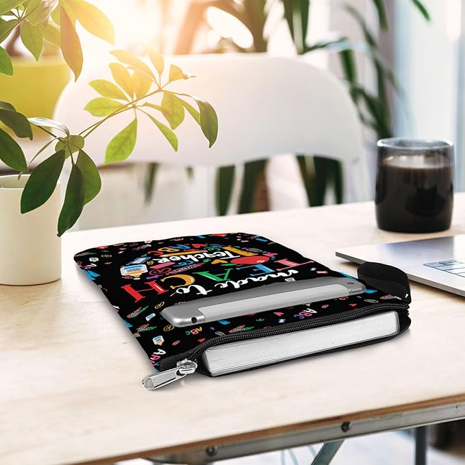 84hoods Book Sleeve Gift for Teachers & Lovers. Padded Book Bag Protector with Zipper & Front Pocket. Washable Fabric, 11 x 8.5 Inch. Made to Teach.