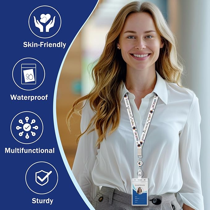 Giancomics Be Kind Lanyards for Id Badges, Cute Floral ID Badge Holder with Retractable Reel, Waterproof Lanyards for Cruise Ships Cards Key Work Name Tag Zip Card Holder Protector 2 Pack