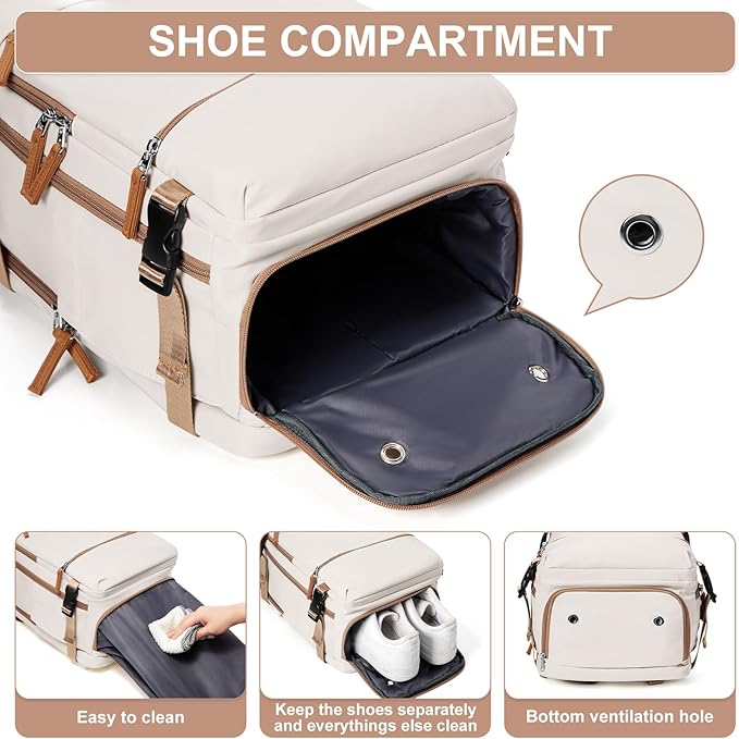 Travel Backpack Simple Durable Carry On Backpack with Shoe Compartment, Personal Item Travel Bag Flight Approved, Water Resistant Laptop Backpack for Women Men Weekender Business, Beige