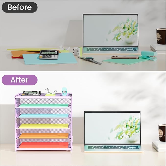 6 Tier Paper Organizer, Metal Mesh Desk File Organizer, Letter Tray Organizer, Paper Sorter Desk Organizer for Office, Home or School File Folder Holder - Purple
