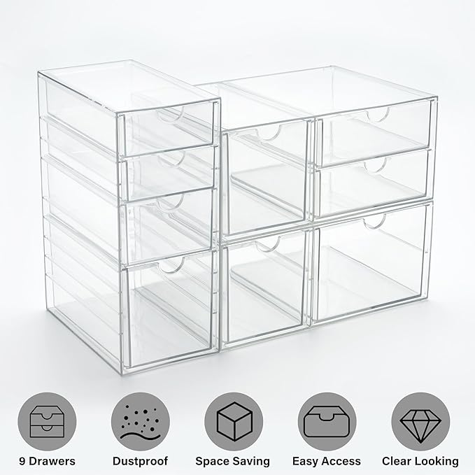 Prsildan Acrylic Drawer Makeup Organizer with 9 Drawers, Set of 3 Office Desk Organizers Accessories, Clear Stackable Storage Drawers for Vanity, Countertop, Craft, Jewelry, Art Supply Organization