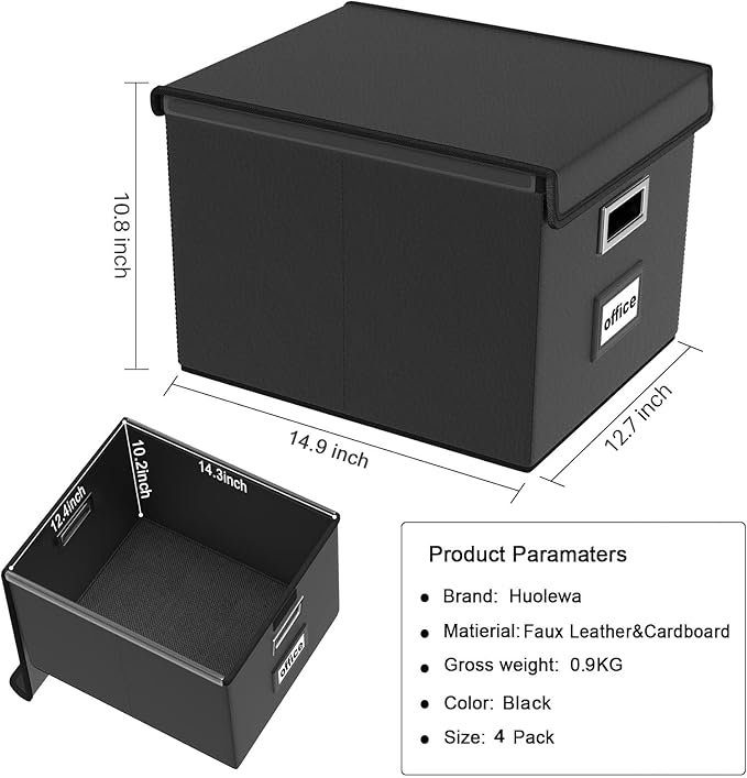 Huolewa Upgraded Portable Leather File Organizer Boxes with Lids, Office Document Boxes Organizer, Filing Boxes, Decorative Small File Boxes for Hanging Files with Plastic Slide for Office/Decor/Home