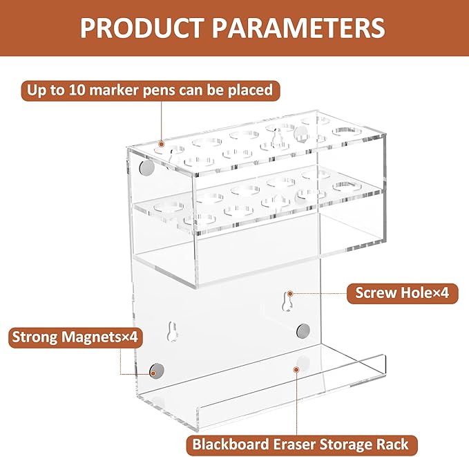 Acrylic Clear Magnetic Whiteboard Marker Holder,Wall Mounted Dry Erase Whiteboard Marker Holder Stand with 10 Marker Solts and Eraser Holder for School Office Home(Clear, 1)