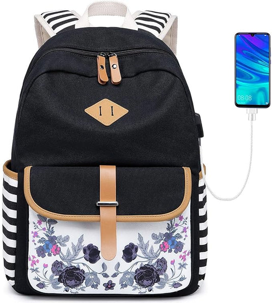 goldwheat Canvas Backpacks for Girls with USB Charging Port School Bookbag
