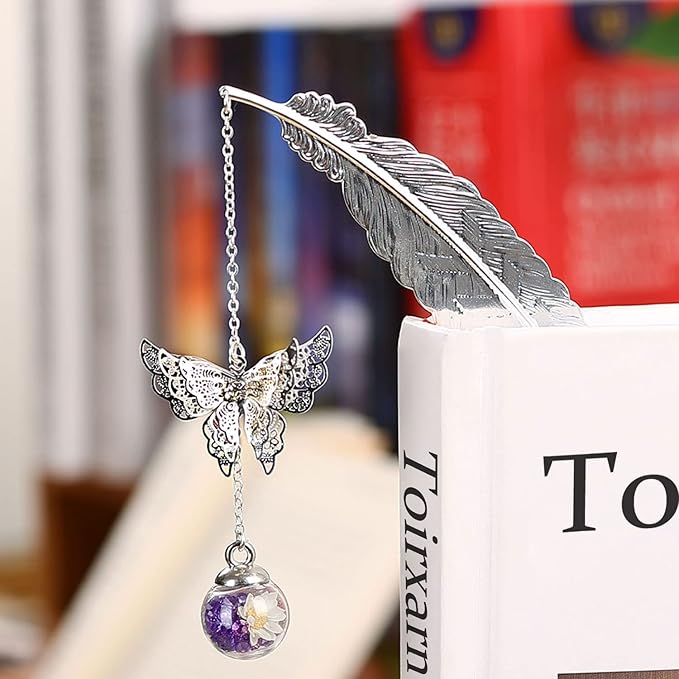 Toirxarn Silver Feather Bookmark with Butterfly Charm - Elegant Bookmarks for Women, Book Lovers Gifts, Book Marker for Reading, Teacher Appreciation Gifts, Unique Birthday Gifts, Stocking Stuffers