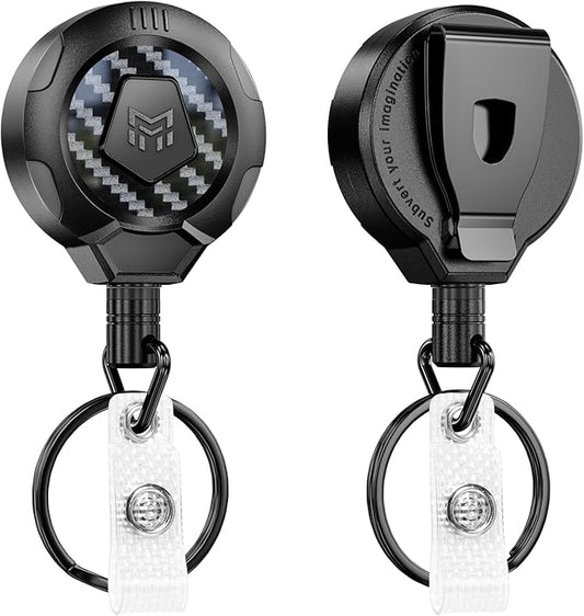 MNGARISTA Upgraded Heavy Duty Retractable Keychain with Belt Clip, 10 OZ Retraction, 31.5" Stainless Steel Cord, 3K Carbon Fiber ID Badge Reel with Badge Strap and Key Ring, 2 Pack