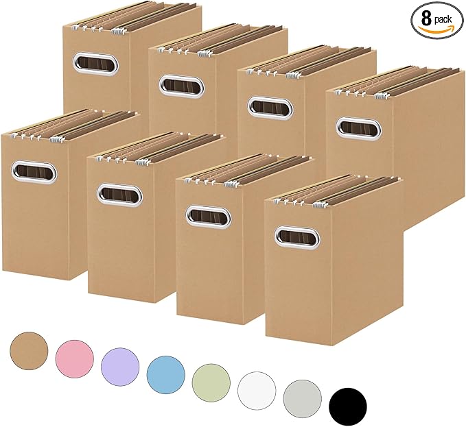 Oterri File Organizer, Small Storage Box, Cardboard File Folder Organizer, Collapsible File Box, Hanging File Organizer for Letter Size, Portable File Box with Handle, Only Box (Brown, 8 Packs)