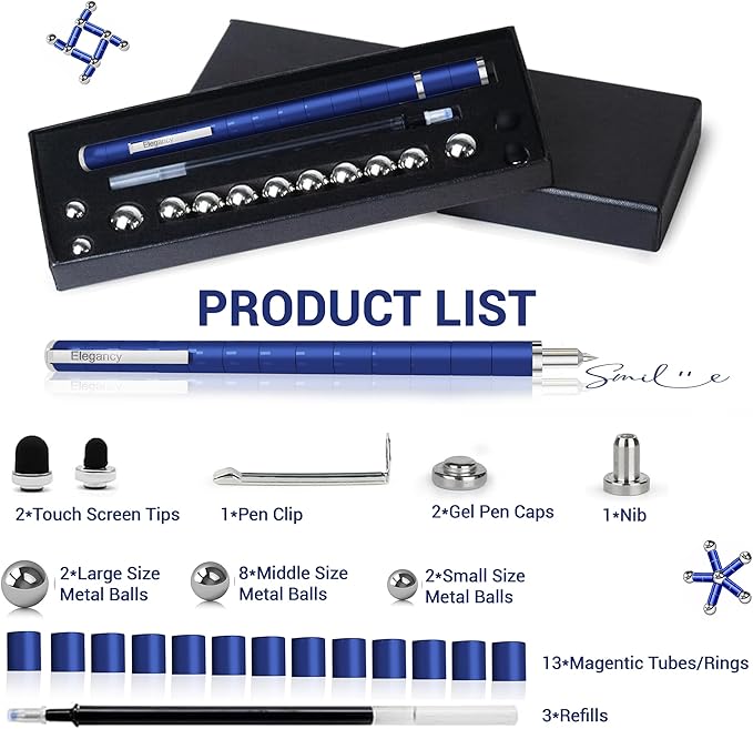 Elegancy Fidget Pen Magnetic Balls | Deformable Decompression Magnetic Pen Fidget Toy for Teenagers Gifts for Men | Cool Stuff Magnets for Kids (Blue)