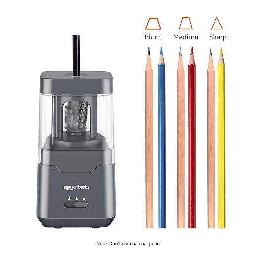 Amazon Basics Portable Electric Pencil Sharpener, Helical Blade, Auto Stop, Battery/USB Cord Operated, Black, 2.87 x 2.87 x 5.3 in