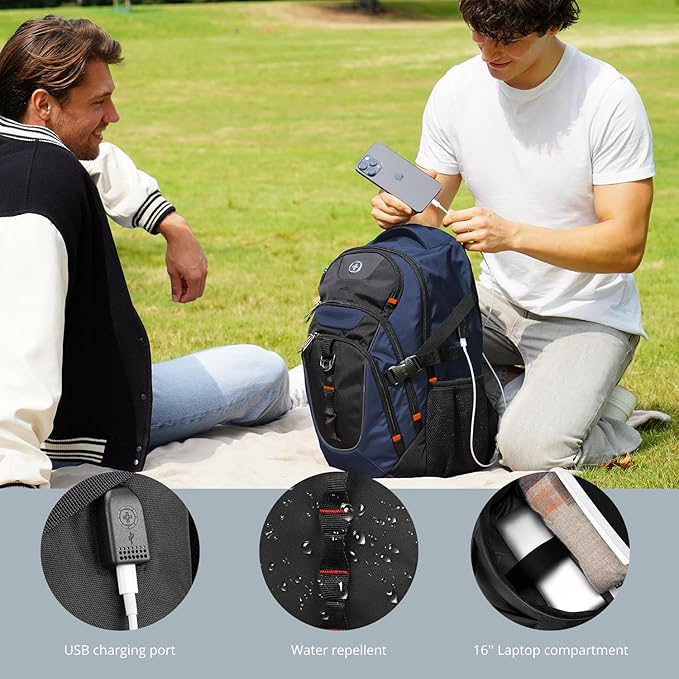 Swissdigital Design Large Business Laptop Backpack with Smart USB Charging Port, Travel Backpack Fits 15.6 inches laptops, Water Repellent College Backpack for Men Women (VECTOR SD803-12 Blue/Black)