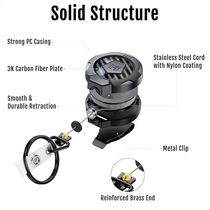 MNGARISTA Upgraded Heavy Duty Retractable Keychain with Belt Clip, 10 OZ Retraction, 31.5" Stainless Steel Cord, 3K Carbon Fiber ID Badge Reel with Badge Strap and Key Ring, 2 Pack