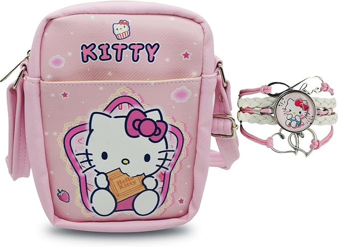 Cute Kitty Cat Crossbody Bag with Adjustable Shoulder Strap and Bracelet Charm, Kawaii Handbag with Zipper, Cat Wallet Purse Shoulder Bag Coin Pouch Accessories for Women Girls