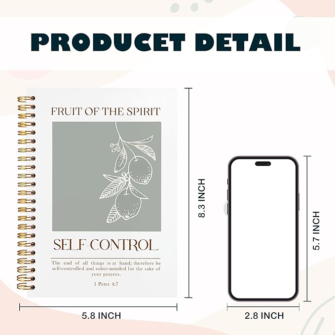 BearCake Fruit of the Spirit Self-Control Christian Notebook Journal, Christian Gifts for Women, Bible Notebooks for Note Taking, Bible Journaling Notebook, Hardcover Spiral Notebook 5.5x8.3
