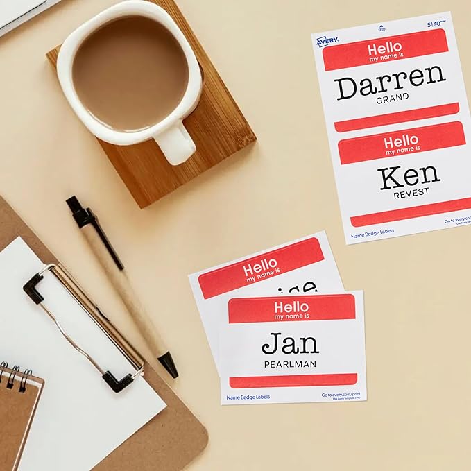 Avery Hello My Name is Name Tags, White with Red Border, 100 Removable Name Badges (05140)