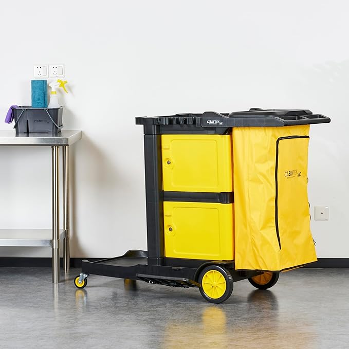 Restaurantware-Clean Tek Professional 3-Shelf Janitor Cart with Wheels, 1 Cleaning Trolley with Cover and 21 Gallon Bag - Includes 1 Double Locking Cabinet, Heavy-Duty, Gray Plastic Janitorial Cart