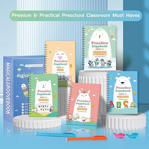 QMUBOT Magic Practice Copybook for Kids, Handwriting Practice Workbook, Reusable Writing Practice Book for Preschool Kids Age 3-8, Calligraphy 7.9in×5.5in (5 Books with Pens)
