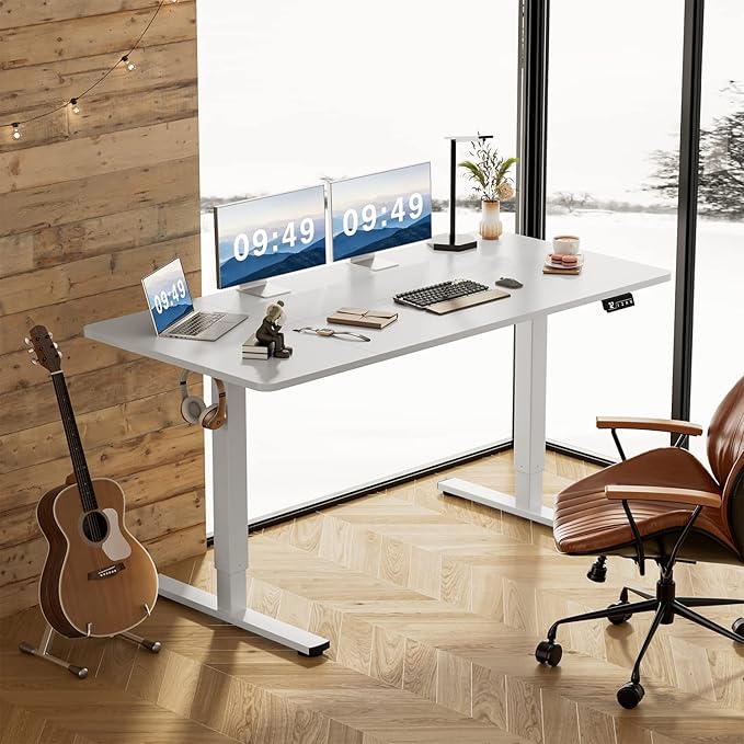 Furmax Electric Height Adjustable Standing Desk Large 63 x 24 Inches Sit Stand Up Desk Home Office Computer Desk Memory Preset with T-Shaped Metal Bracket, White