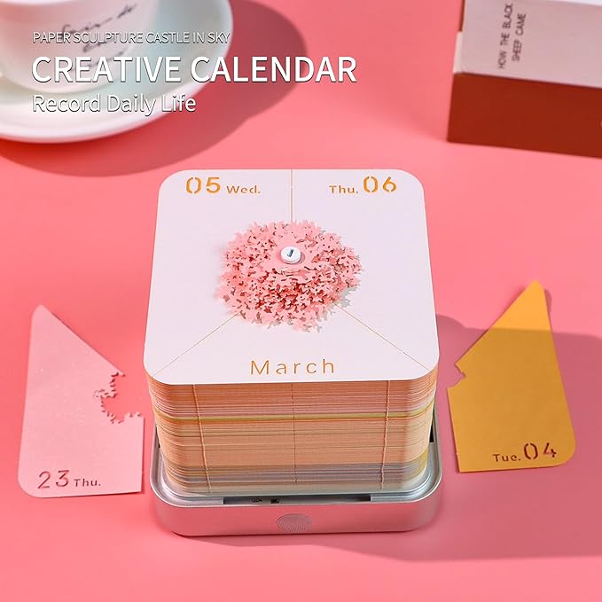 Time Piece Calendar,3D Art Calendar Memo Pad 2025 Creative Desk Calendar with Light,Castle in Sky Tear Away Paper Carving 3D Memo Pad Art Notepad Christmas Gift
