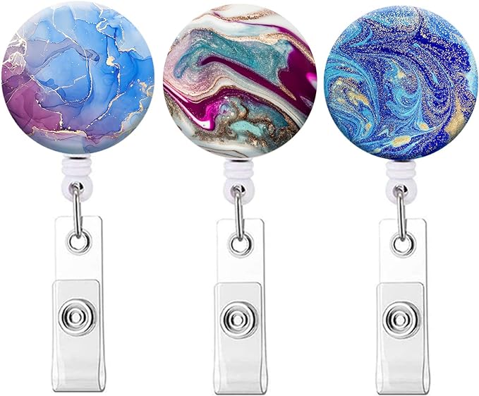 Retractable ID Badge Holder Nurse Badge Reels with Clip Name Card Holders for Office Worker Doctor Nurse (Abstract Colorful Marble 3Pack)