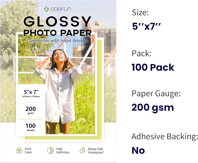 5x7 Photo Paper, Goefun 200GSM/54LB Glossy Inkjet Printer Paper for Dye Ink,100 Sheets