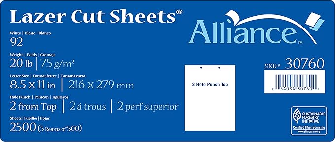 Prepunched Paper Alliance Laser Cut Sheet 2 Hole Top Punch 8.5 x 11 inch, 20 lb, 92 Bright, 2500 Sheets