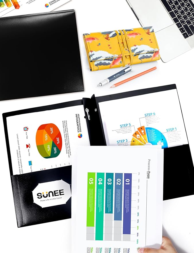 SUNEE 2 Pocket Folders with Prongs (3 Pack, Black) Plastic Folders with Pockets and Prongs Fit Letter Size, Poly Folders with Pockets for School Office Home Business