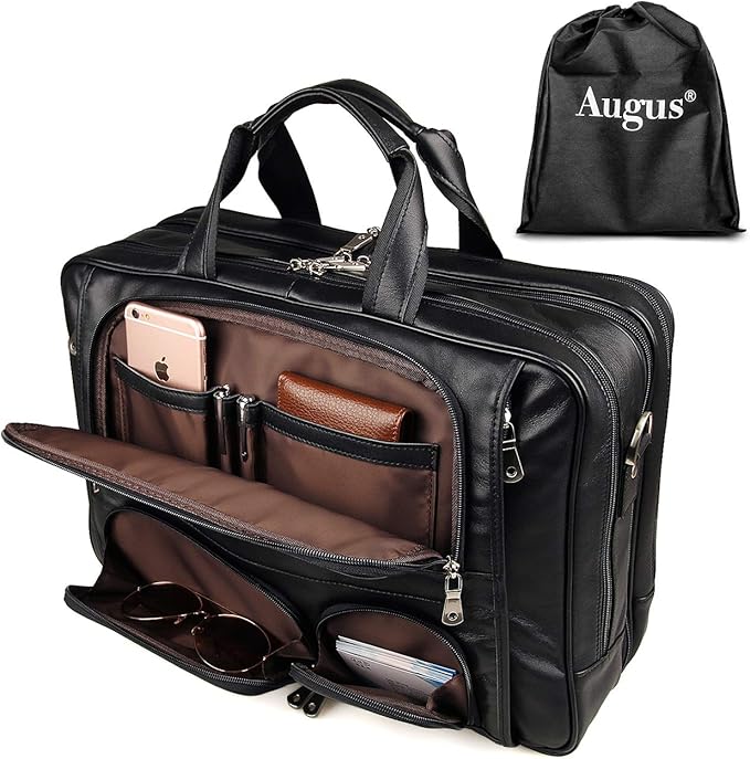 Augus Business Travel Briefcase Genuine Leather Duffel Bags for Men Laptop Bag fits 15.6 inches Laptop