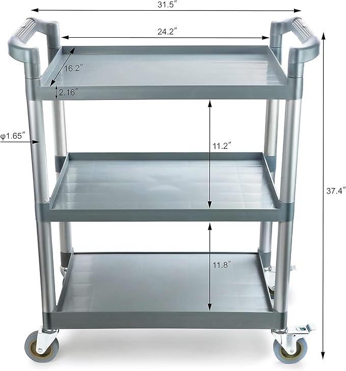 New Star Foodservice 54545 250-Pound Plastic 3-Tier Utility Bus Cart with Locking Casters, 32" x 16" x 38", Gray