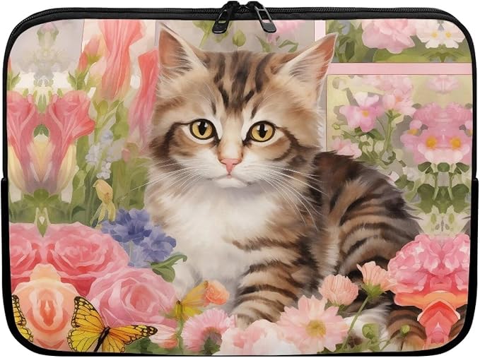 Cat Rose Printed Laptop Bag for Women Men, Lightweight Laptop Briefcase 17 Inch Shockproof Computer Carrying Cover with Zipper, Easy to Carry Laptop Case Bag for Daily Commuting