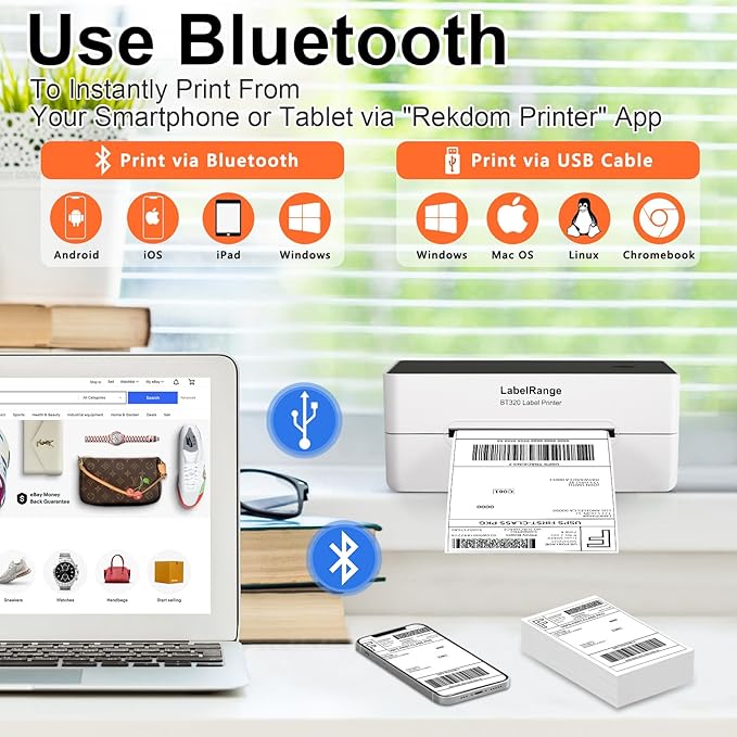 Ecommerce Label Printer, Bluetooth Thermal Shipping Label Printer, 4x6 Thermal Printer Compatible with Android, iOS, Windows, Amazon, Ebay, Shopify, Etsy, USPS, Pirate Ship, Shippo