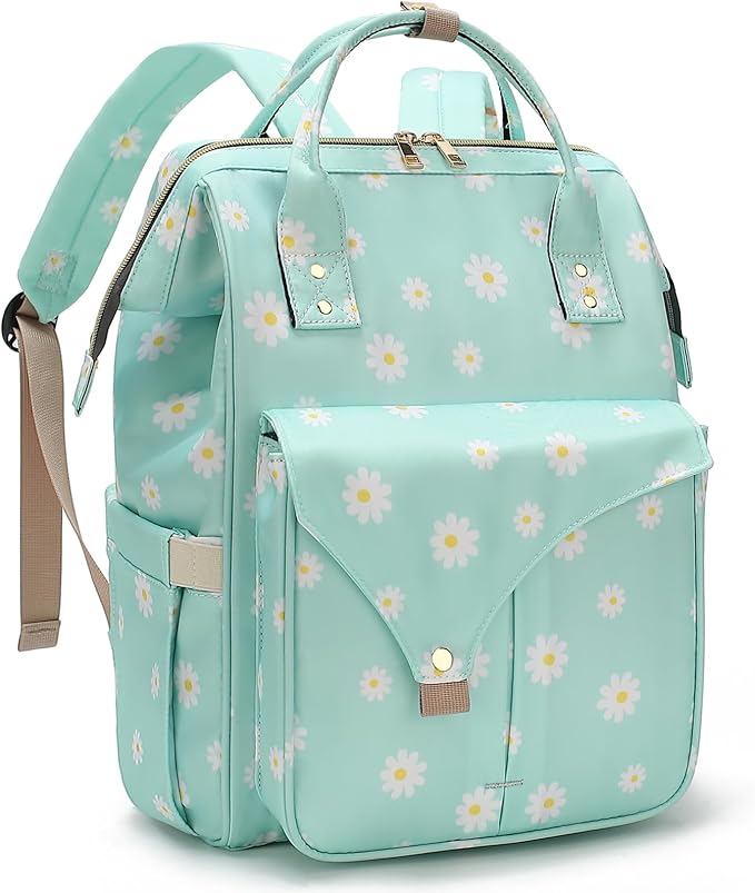 Flowers Laptop Backpack College School Backpack Bookbags Nurse Backpacks Travel Bags for Women Girls Fits 15.6 Inch Notebook (Daisy Green)
