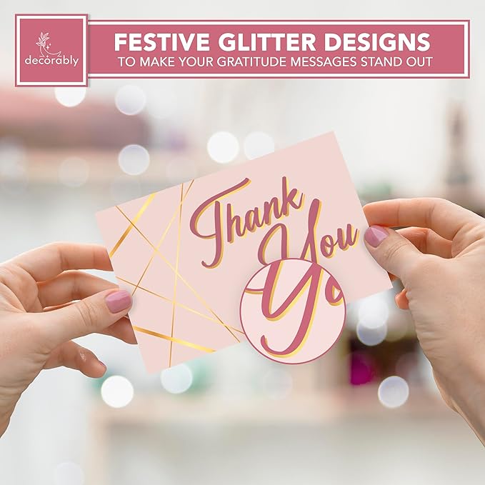 Decorably 24 Pack Gold-Foiled 6x4in Rose Gold Thank You Cards with Envelopes and Stickers, 6 Elegant Designs Pink Thank You Notes, Blank Inside - Wedding, Baby Shower, Birthday