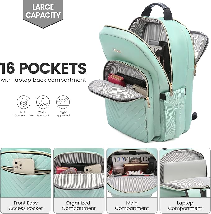 LOVEVOOK Laptop Backpack for Women 17.3 inch,Cute Womens Travel Backpack Purse,Professional Laptop Computer Bag,Waterproof Work Business College Teacher Bags Carry on Backpack with USB Port,Mint Green