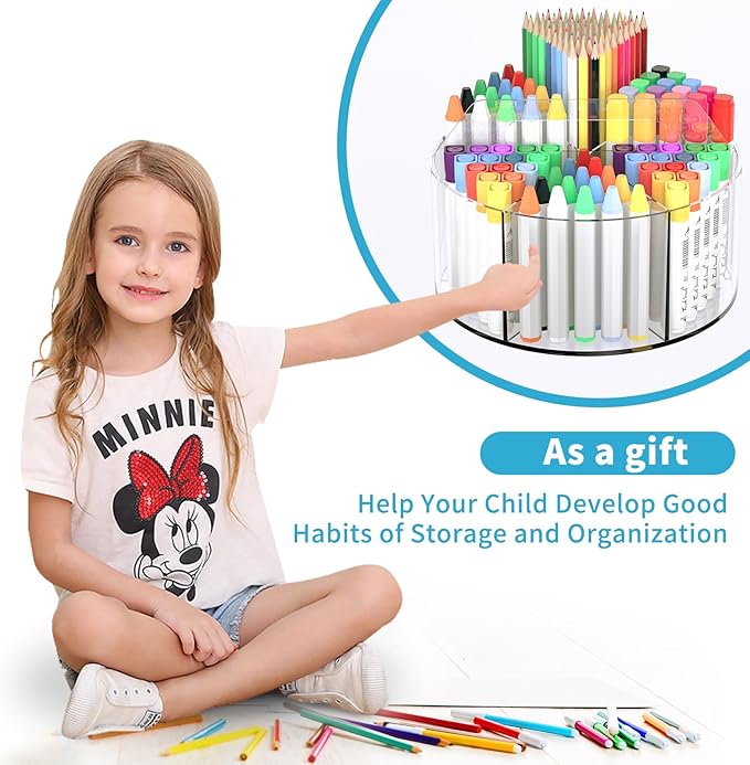 Acrylic Pen Holder for Desk, Acrylic Desk Organizer Clear, 360 Degree Pencil Holder for Desk Kids, Rotating Desk Organizer Rotating Pen Holder for Desk, Art Supply Storage Organizer 6 Compartments