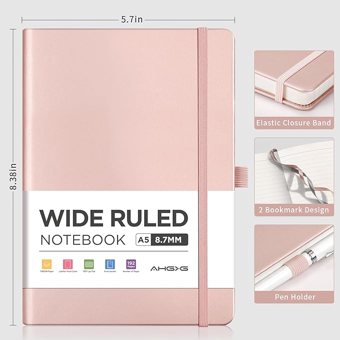 AHGXG Wide Ruled Notebook for School - Lined Journal for Women Men, 192 Numbered Pages, 100 GSM Thick Paper, A5 Hardcover Leather Notebook for Work, Writing, 5.7"×8.3" - Rose Gold
