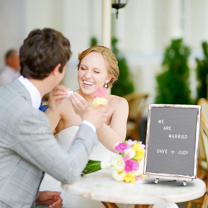 Felt Letter Board with Rustic Vintage Frame and Stand 12x16 inch,Grey Changeable Letter and Message Board Includes 792 Letters, Numbers and Symbols, Hook to Hang, 2 Canvas Bags