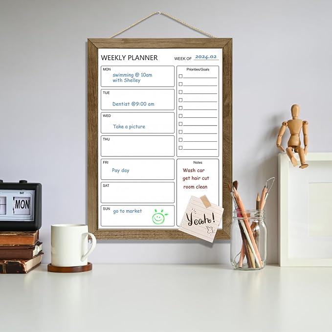 Dry Erase White Board Weekly Calendar Board, Magnetic Whiteboard for Wall,10.5“x14.5 Solid Wood Rustic Brown Framed Message Board, Planner Board for Office, Home, Schooll(Weekly-BB-RB-2737)