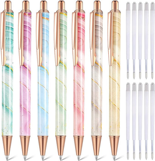Sherr 7 Pcs Fancy Pens for Women Cute Sparkly Glitter Pens with 10 Pcs Black Ink Refills Pretty Gifts for Girls Office School Christmas Graduation(Colorful,Marble)