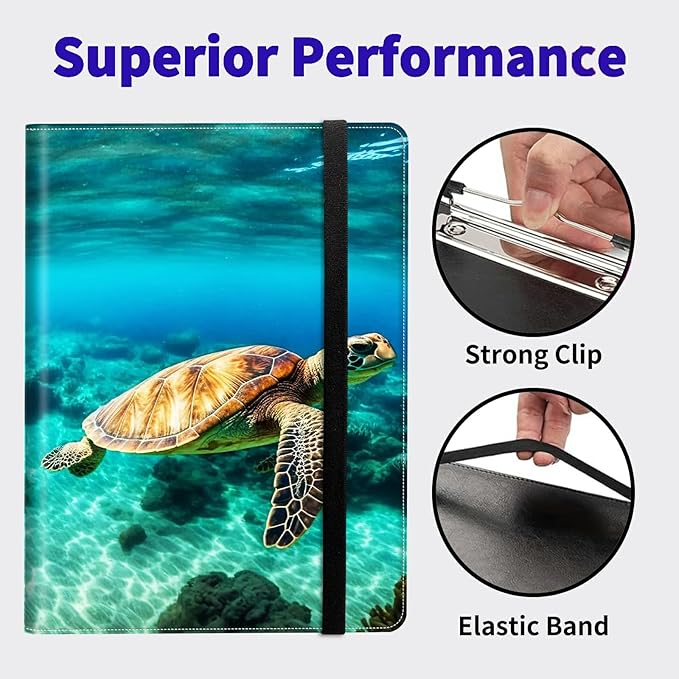 Sea Turtle Padfolio Folder with Clipboard,Portfolios Organizer Clipboards with Storage Clipboard Writing Pad PU Leather Conference Document Organizer with Business Card Holder