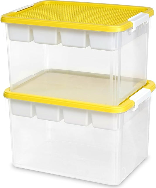 Citylife 32 QT Plastic Storage Box with Removable Tray Craft Organizers and Storage Clear Storage Container for Organizing Bead, Tool, Sewing, Playdoh, 2 Packs-Yellow