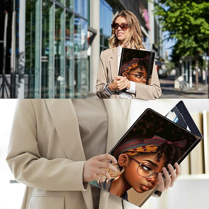 PU Leather Padfolio Clipboard Notepad with Pen Loop and Elastic Strap Interview/Resume Document Organizer for Business School Office,Black African American