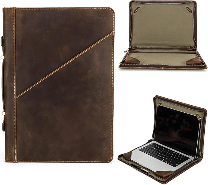 Top Grain Leather 16.2" Slim Laptop Zipper Folio Case Bag, Handmade & 2 Pockets, Compatible with MacBook Pro 16.2" A2485 M1 Max 15" Touch Bar A2141 A1707 Pro 16" Touch ID, Coffee 16.2 Inch