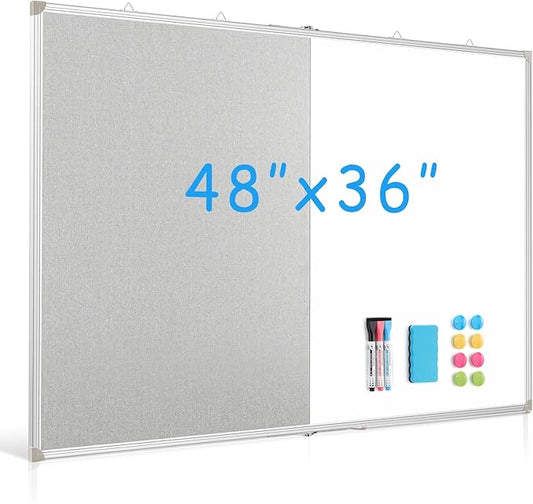 DOLLAR BOSS Foldable Linen Cork Board White Board Combo 48 x 36 in Extra Large Magnetic Whiteboard Dry Erase Bulletin Board Portable Double Sided Aluminum Frame Pin Board for School Office, Grey