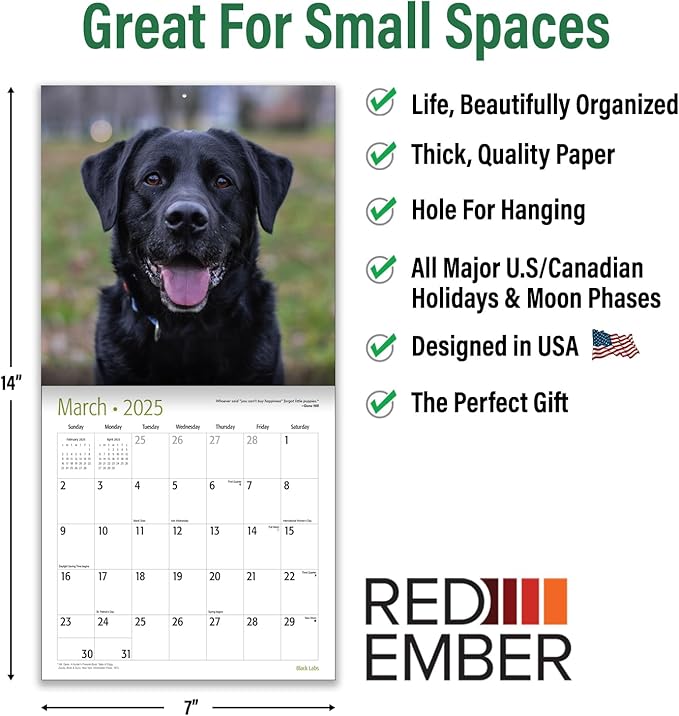 RED EMBER Black Labs Mini 2025 Wall Calendar 12 Month | 7" x 14" Open | Thick & Sturdy Paper | Giftable | Calendar 2025