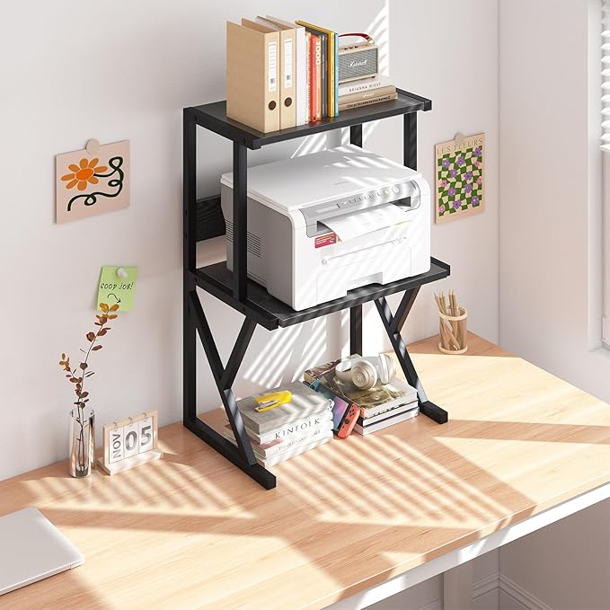 aboxoo Desktop Printer Stand with 3 Tier Wood Storage Shelves,Under Desk Printer Table,Multi-Purpose Home Office Desk Organizer for Fax Machine, Scanner (Black)