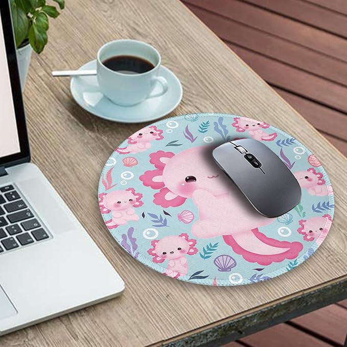 Cute Axolotls Round Mouse Pad, Small Mousepad for Laptop Gaming Women, with Stitched Edge Non-Slip Rubber Base, Cute Home Office Decor Desk Accessories Office Supplies Gift for Women Teen Girls