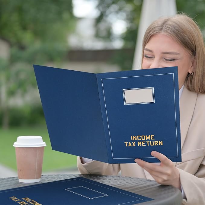 Kisston 100 Pcs Tax Return Folders Bulk 2 Pocket Gold Foil Stamped Income Tax Folders with Blank Labels Business File Office Organizer (Blue)